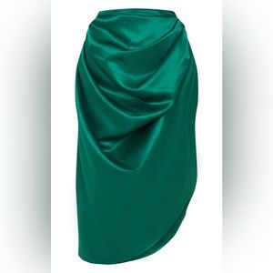 Emerald Green Satin Woven Ruched Side Midi Skirt